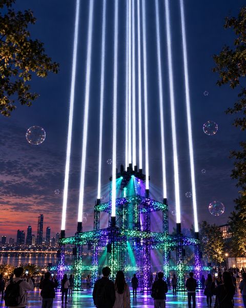 Laser beams rising from Nodeul Island at the Bitseom Festival